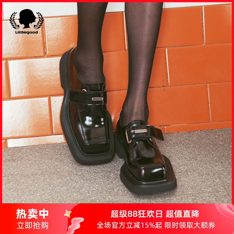 littlegood日系复古小皮鞋女新款方头百搭设计感潮酷小单鞋