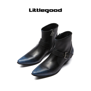 【折扣】littlegood复古尖头西部靴女新款擦色百搭中跟马丁靴