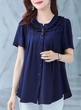 夏季洋气大码妈妈装短袖上衣女中老年遮肉遮肚子宽松显瘦衬衣小衫
