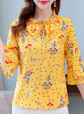 2022夏季新款气质洋气小碎花雪纺衫女小衫大码衬衫女衬衣中袖上衣