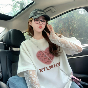 小众绝美蕾丝拼接纯棉T恤女ins盐系爱心涂鸦宽松假两件百搭上衣潮
