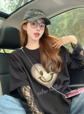 设计感爱心涂鸦假两件纯棉T恤女纯欲风蕾丝拼接宽松减龄防晒上衣