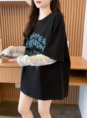 纯棉假两件纱网拼接袖防晒T恤女甜酷风趣味涂鸦中长款显瘦上衣ins