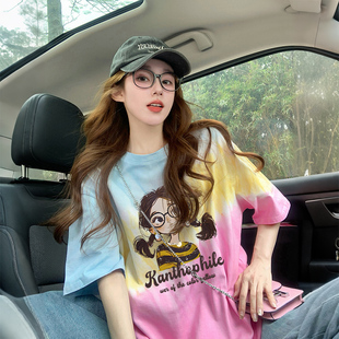 网红爆款 宽松显瘦上衣 渐变色晕染纯棉t恤女美式 潮牌卡通印花大版