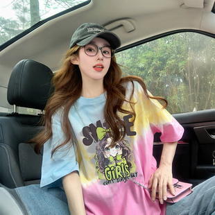 洋气印花中长款 设计感彩色扎染纯棉宽松t恤女时尚 气质显瘦上衣潮