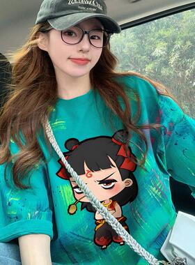 纯棉个性哪吒卡通印花中长款t恤女小众撞色晕染宽松遮肉上衣外穿