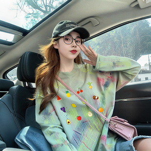 绝美趣味印花纯棉长袖T恤女春秋季泼墨设计休闲宽松小众别致上衣