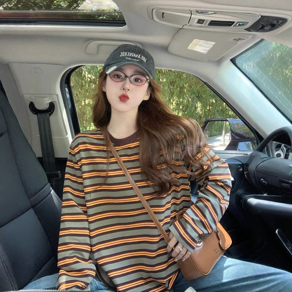 chic美式复古条纹长袖T恤女