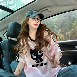 ins韩系插肩袖拼接宽松T恤女2025爆款卡通印花减龄中长款V领上衣