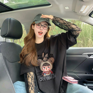 小心机蕾丝拼接纯棉防晒T恤女美式潮牌卡通涂鸦中长款假两件上衣