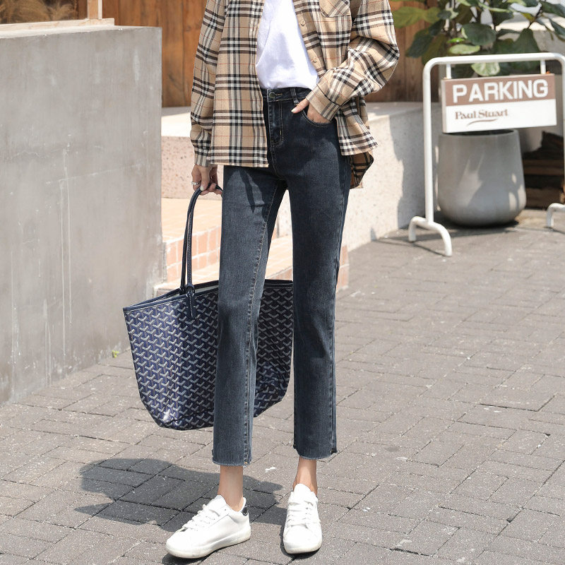 烟灰色直筒牛仔裤女九分显瘦百搭高腰韩版2019新款宽松小个子八分