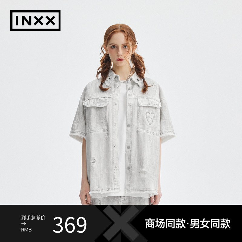 【INXX】APYD 小众设计感废土风短袖衬衣男复古做旧破洞衬衫外套