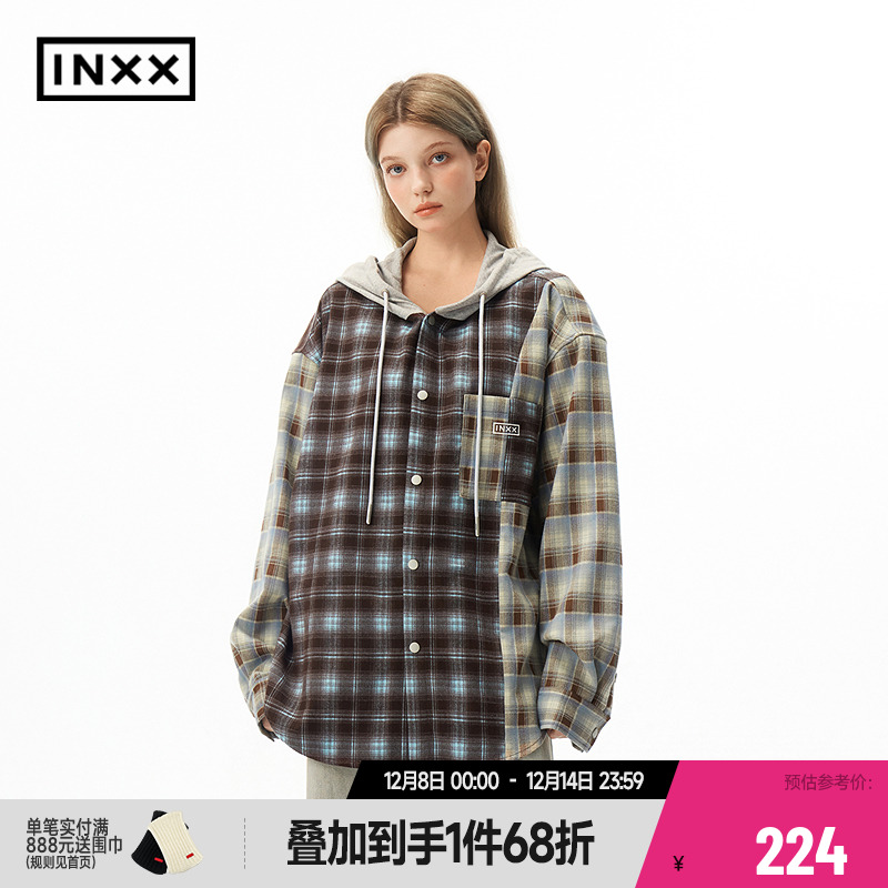 【INXX】潮牌不对称格子衬衫针织连帽长袖上衣男女同款XRF1040541