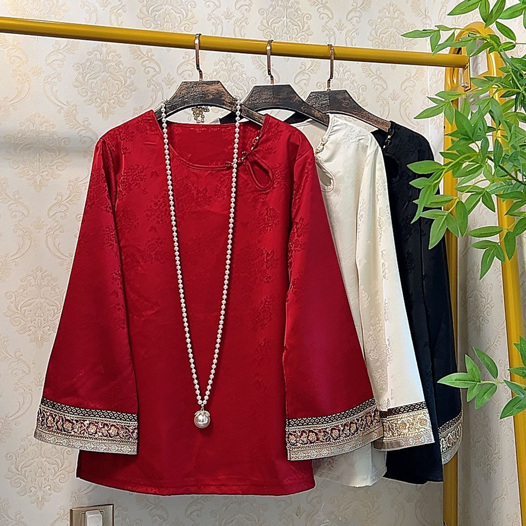 新中式缎面国风打底衫提花缎面红色喜庆新年时尚贵气200斤上衣女