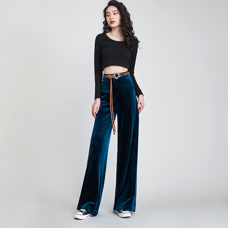 金丝绒阔腿裤女秋冬垂坠感高腰宽松显瘦蓝色直筒拖地垂感休闲长裤