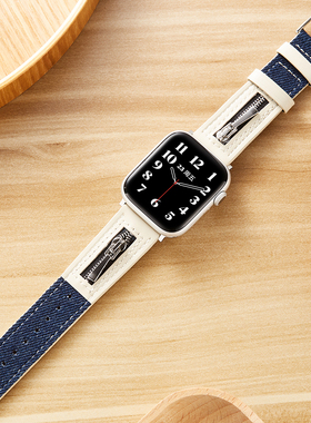 索柯适用苹果手表10皮质表带apple watch9代iwatch8/7/6se/5/4/代ultra2帆布拼色牛仔表带40/41/44/49mm男女