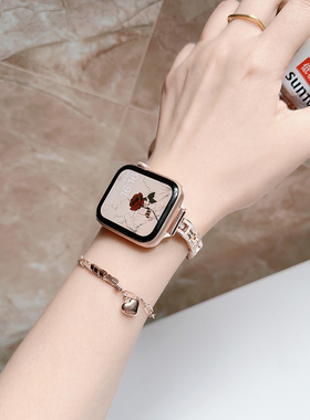 适用iwath10苹果S9手表applewatch8表带S8S7H形带钻金属SE小香风S6高级女6代夏新款创意42小众运动智能watchs