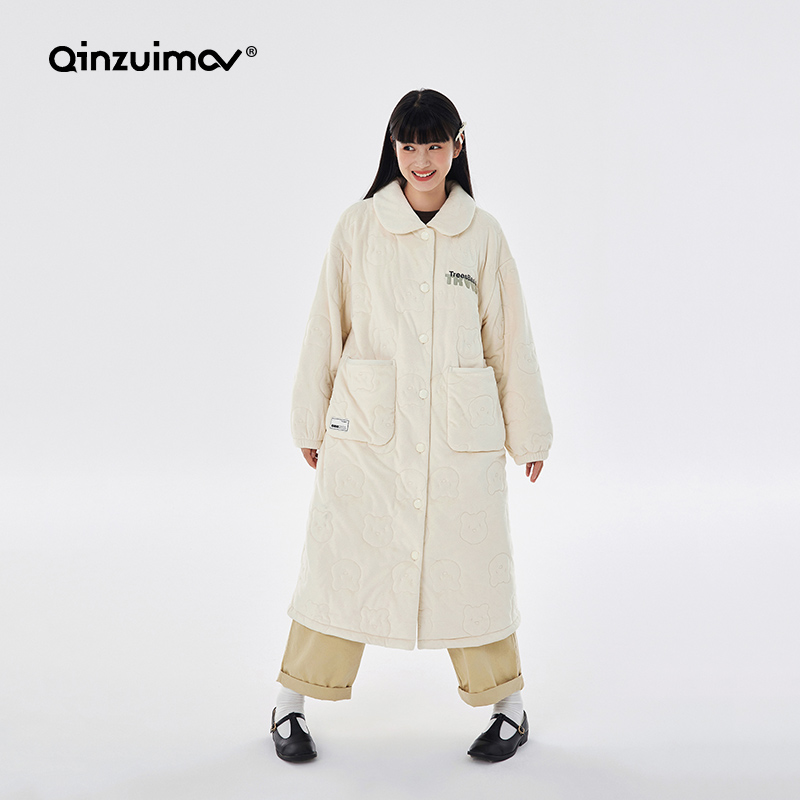 亲嘴猫女士海岛绒夹棉睡袍