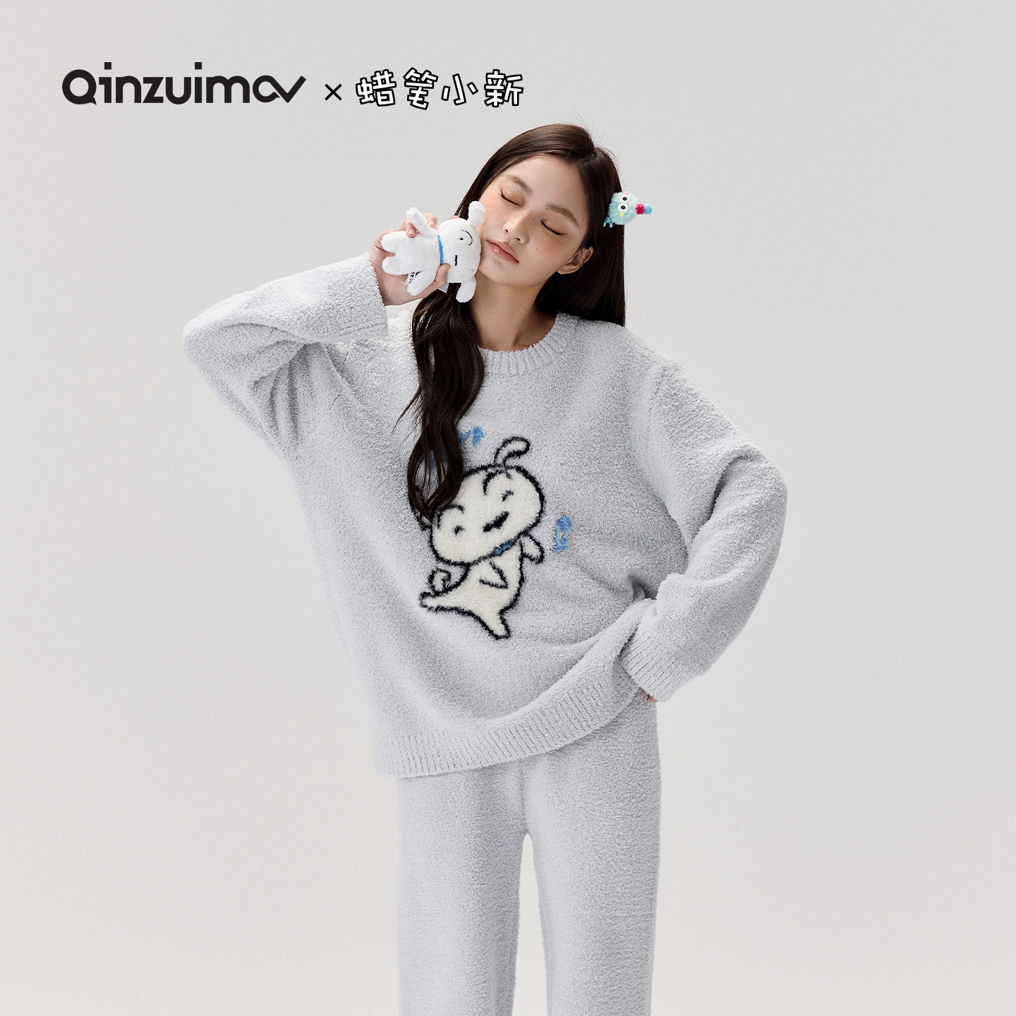 亲嘴猫半边绒可外穿睡衣套装女