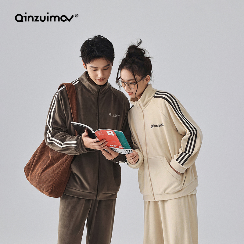 亲嘴猫运动风海岛绒情侣睡衣女秋冬季男士长袖套装家居服保暖外穿