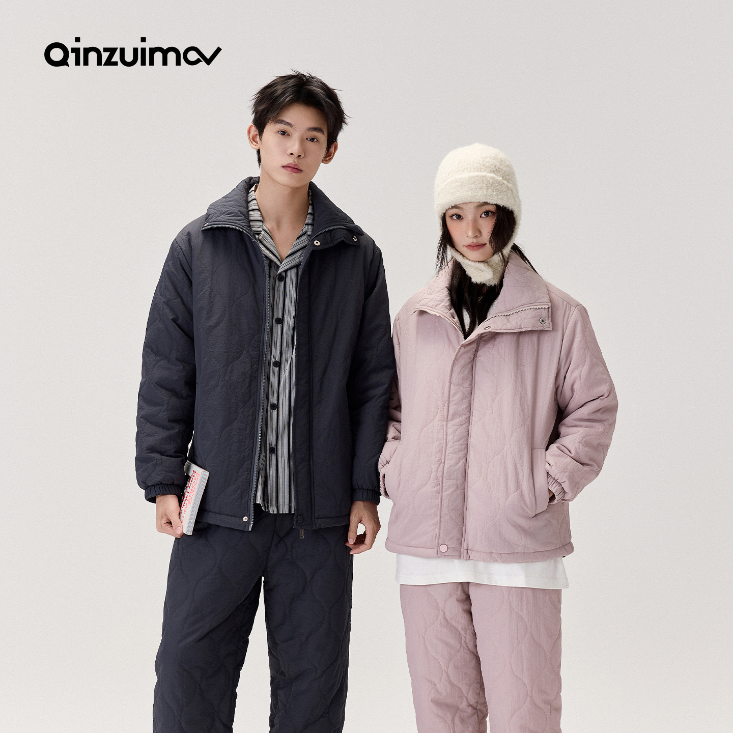 亲嘴猫翻领三层加厚情侣防风布可外穿夹棉睡衣冬季保暖家居服套装