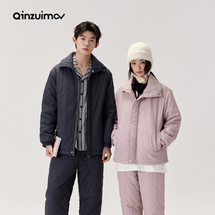 亲嘴猫翻领三层加厚情侣防风布可外穿夹棉睡衣冬季 保暖家居服套装