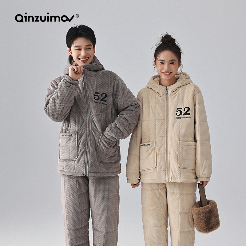 亲嘴猫冰岛绒情侣夹棉睡衣