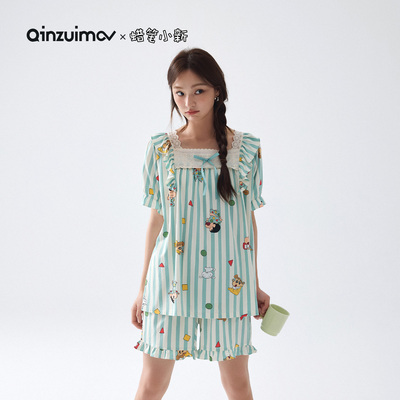 亲嘴猫蜡笔小新卡通短袖睡衣少女