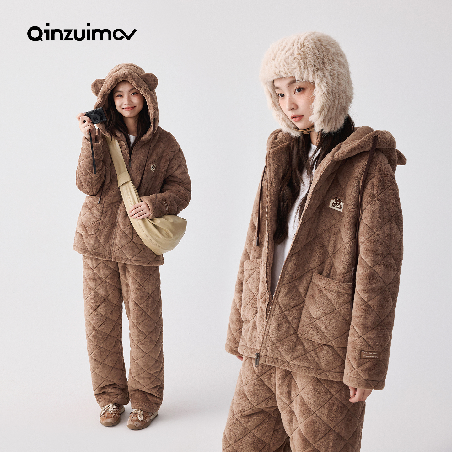 亲嘴猫可外穿三层夹棉家居服套装