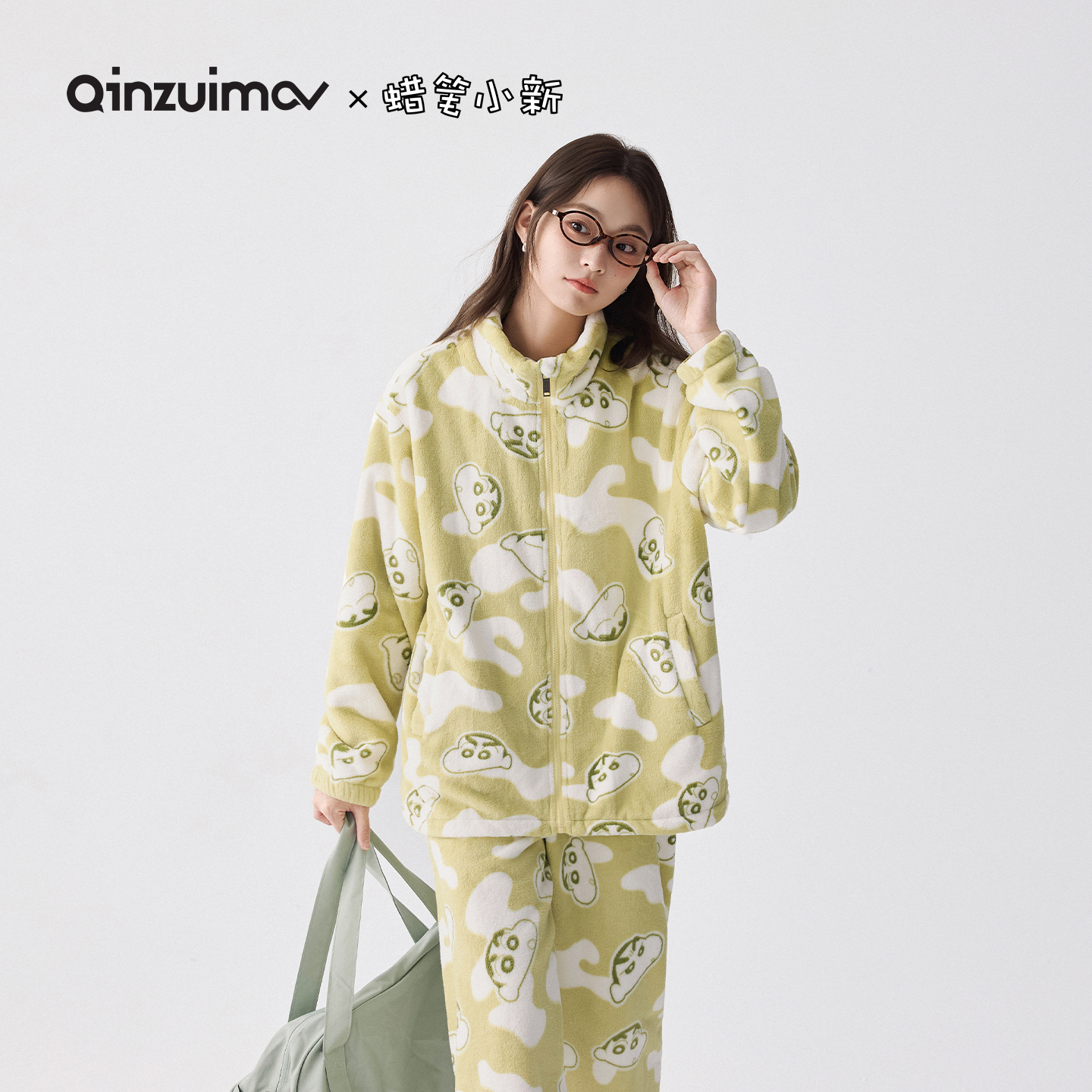 亲嘴猫法兰绒可外穿卡通家居服女