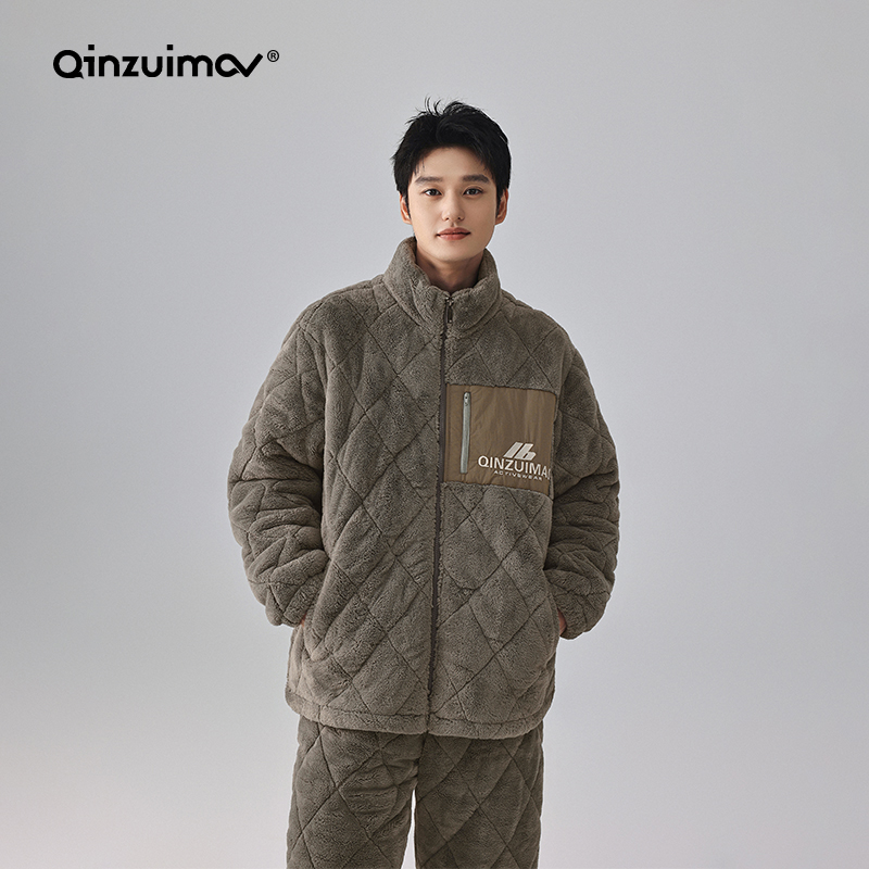 亲嘴猫男士珊瑚绒夹棉睡衣