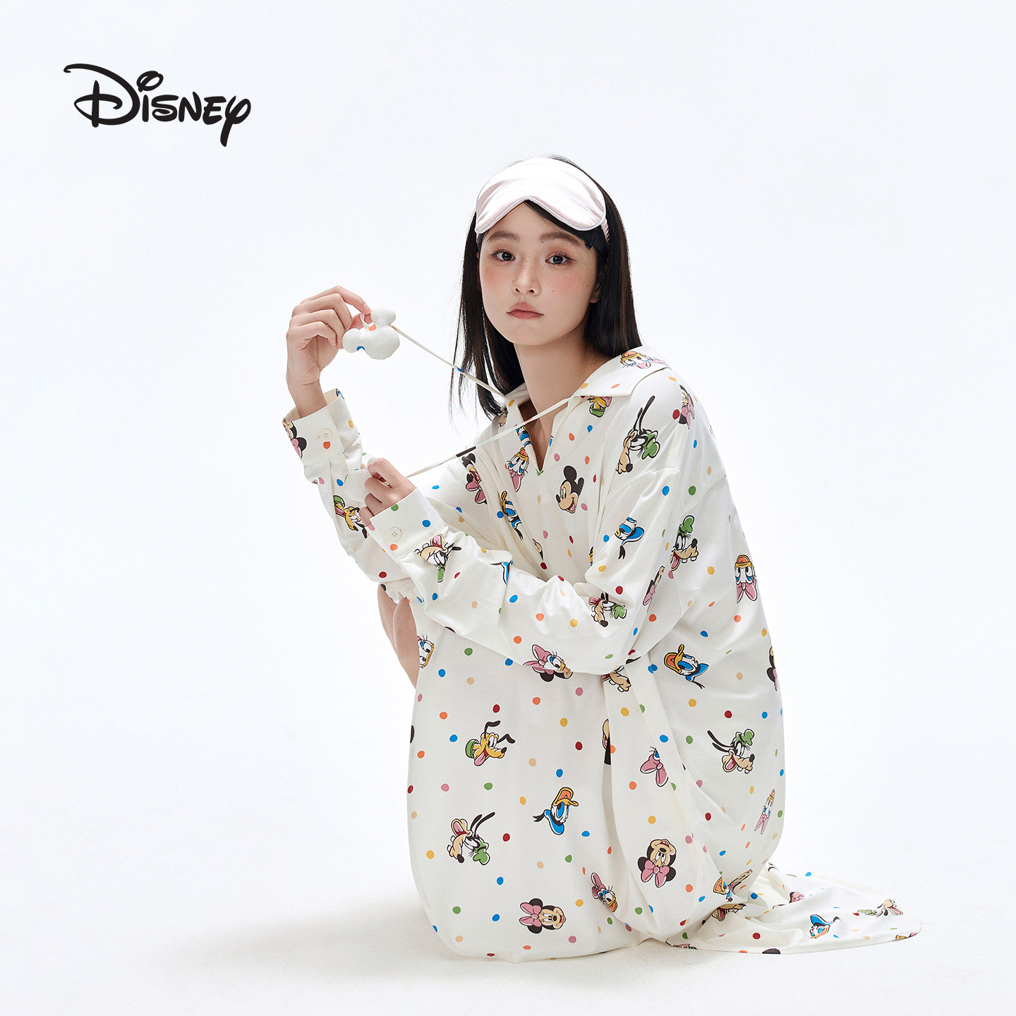 迪士尼莫代尔棉可外穿不规则开叉长袖卡通可爱睡裙睡衣家居服春女