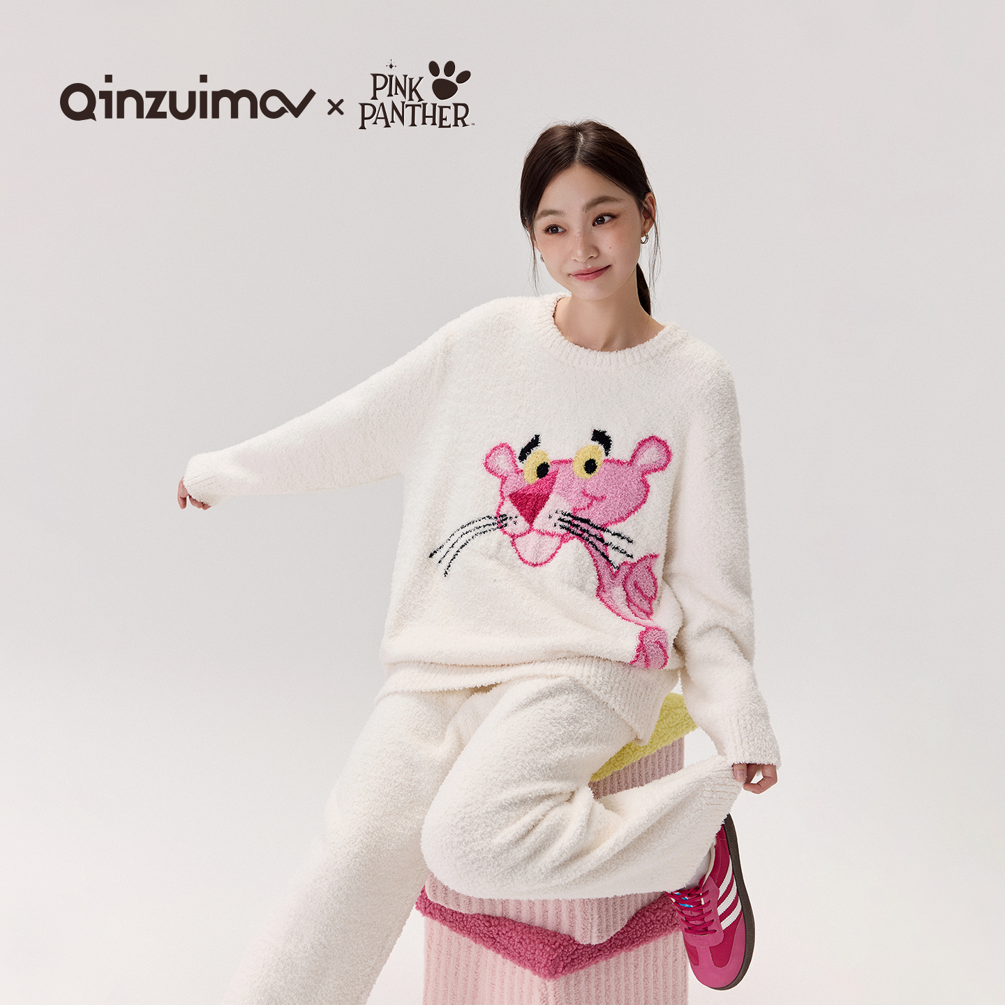 亲嘴猫半边绒可外穿保暖睡衣套装