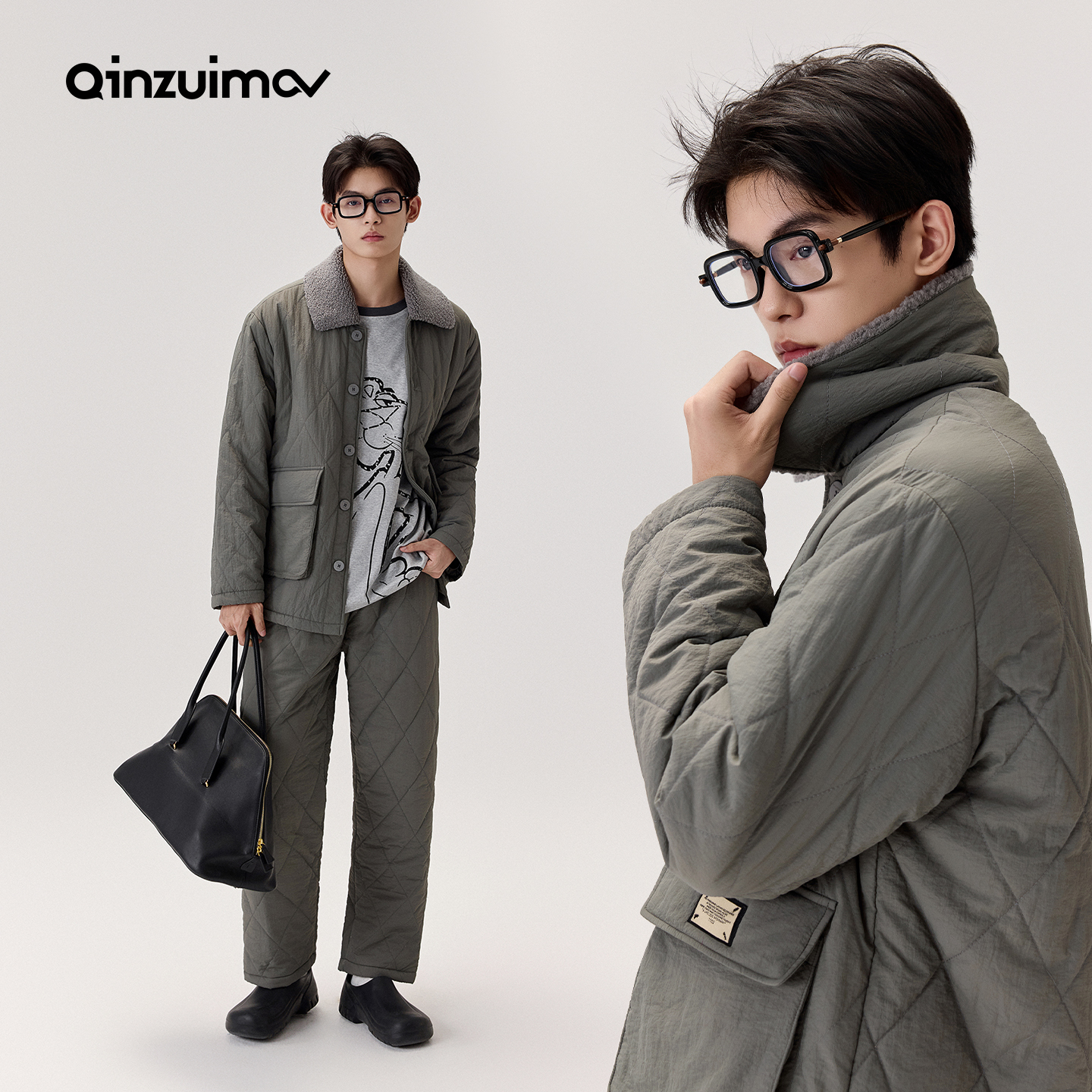 亲嘴猫冬季男士三层加厚防风布夹棉睡衣可外穿家居服套装保暖冬天