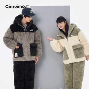 时尚 男士 拼接家居服 珊瑚绒加厚套装 亲嘴猫三层夹棉情侣睡衣女冬季