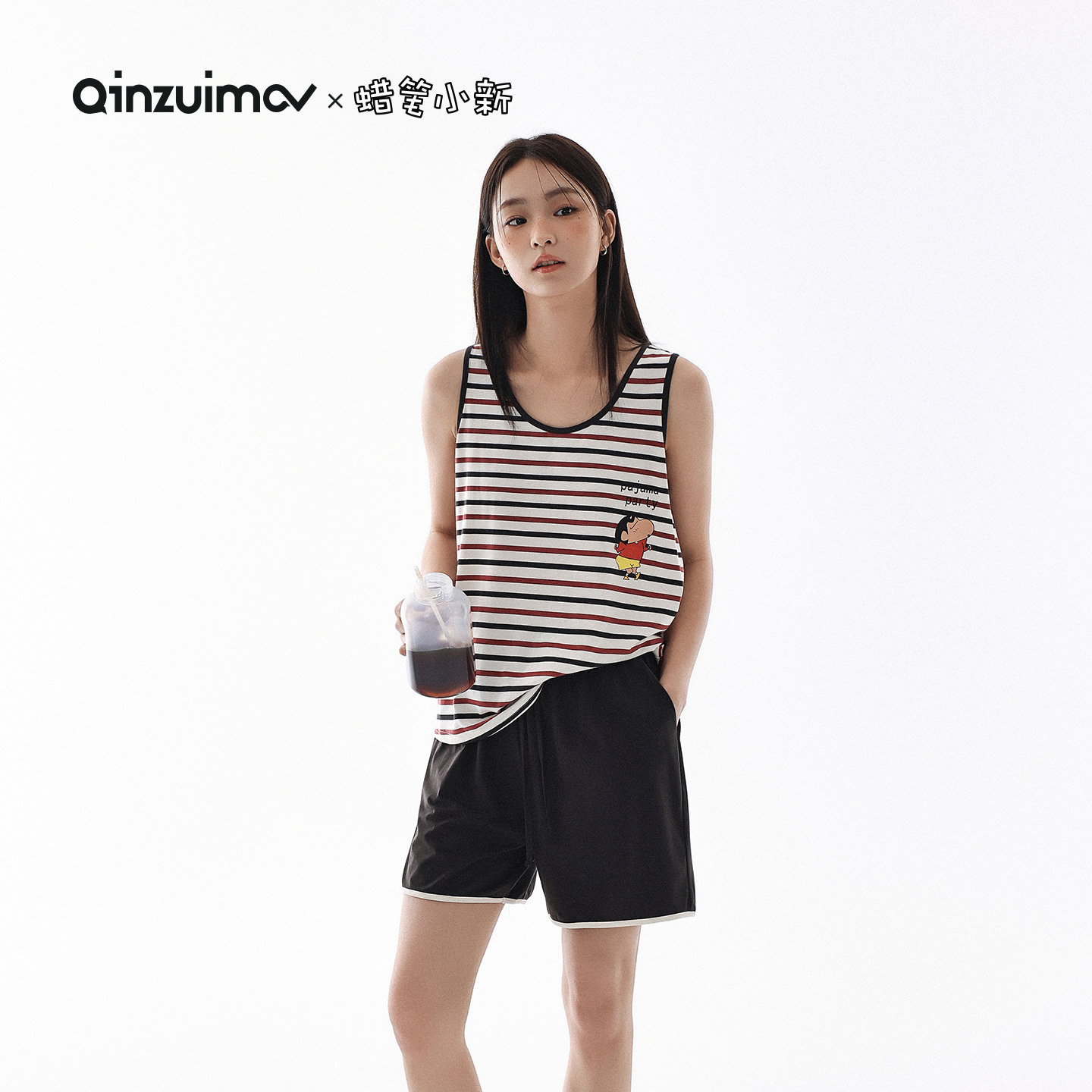 亲嘴猫拼色条纹少女睡衣夏季套装