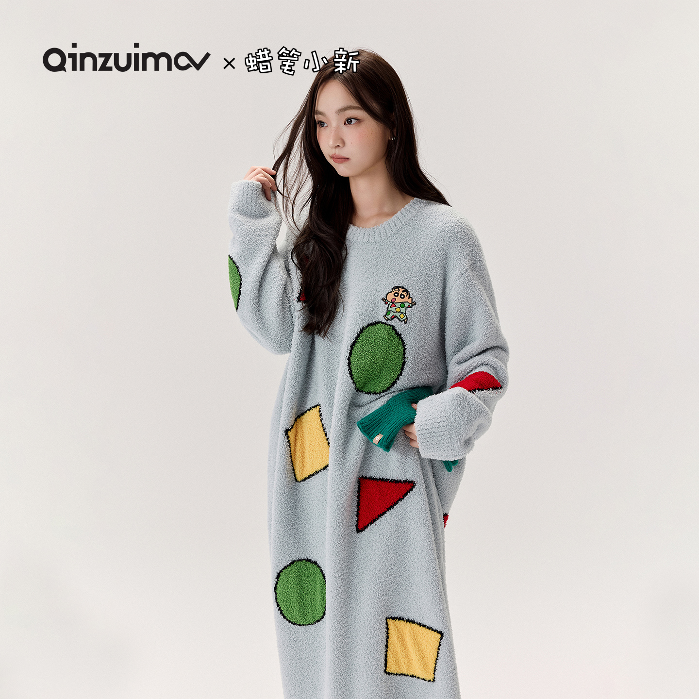 亲嘴猫【蜡笔小新】半边绒卡通睡裙睡袍保暖可外穿秋冬睡衣家居服