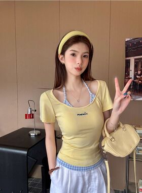 欧货紧身嫩黄色吊带短袖女夏季2025新款修身显瘦多巴胺小衫上衣潮
