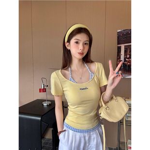 欧货紧身嫩黄色吊带短袖女夏季2025新款修身显瘦多巴胺小衫上衣潮