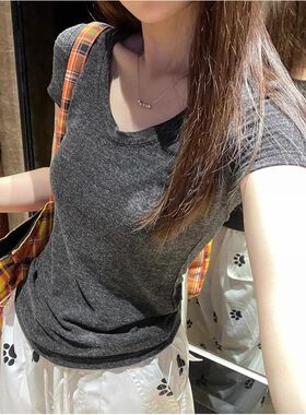 美式复古辣妹风灰色短袖T恤女夏季2026新款修身显瘦短款正肩上衣