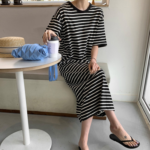 夏季韩系条纹宽松短袖t恤女长款