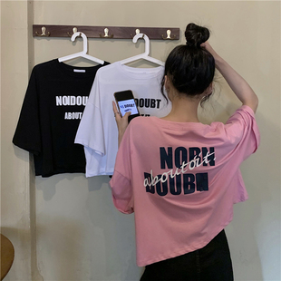 美式正肩短袖T恤女夏季2026新款韩版大码宽松纯棉短款半袖上衣潮