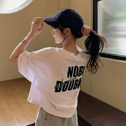 美式正肩t恤女短袖夏季纯棉短款