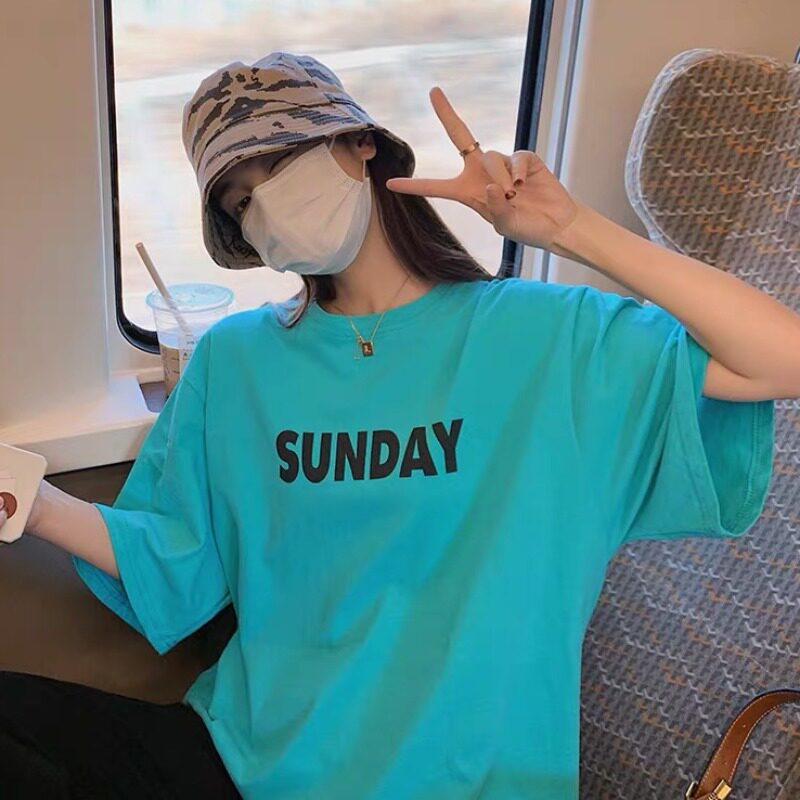 中长款湖蓝色短袖t恤女夏季半袖