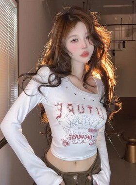 美式复古y2k钉珠长袖T恤女秋冬季