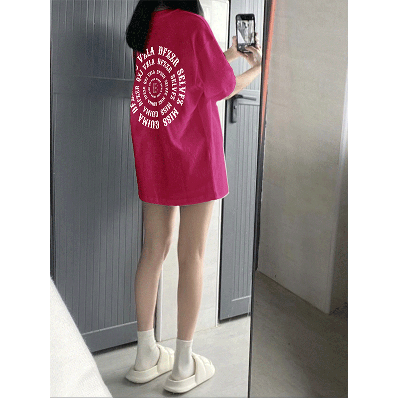 美式玫红色短袖t恤女春夏季纯棉