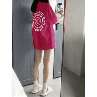 美式玫红色短袖t恤女春夏季2026新款复古小个子宽松纯棉正肩上衣