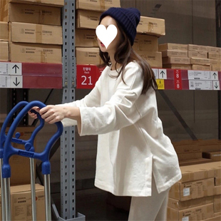 春季2026新款打底衫内搭开叉T恤女宽松精梳纯棉韩系白色长袖上衣