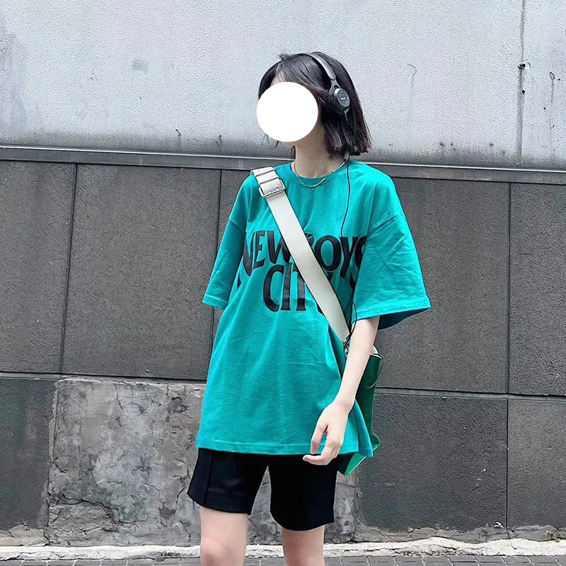 纯棉夏季湖蓝色短袖T恤女欧洲站