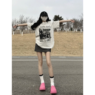 美式高街重磅纯棉灰白色短袖t恤女夏季2026新款爆款正肩半袖上衣